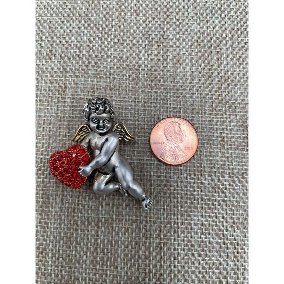 Valentines Bundle of 2 Brooches Silver Angel and Red Clay Heart - Picture 4 of 7